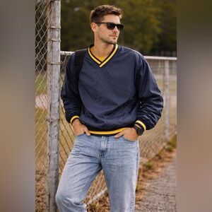Vintage Rawlings Pullover Windbreaker Jacket Mens Large Blue Yellow‎ V Neck